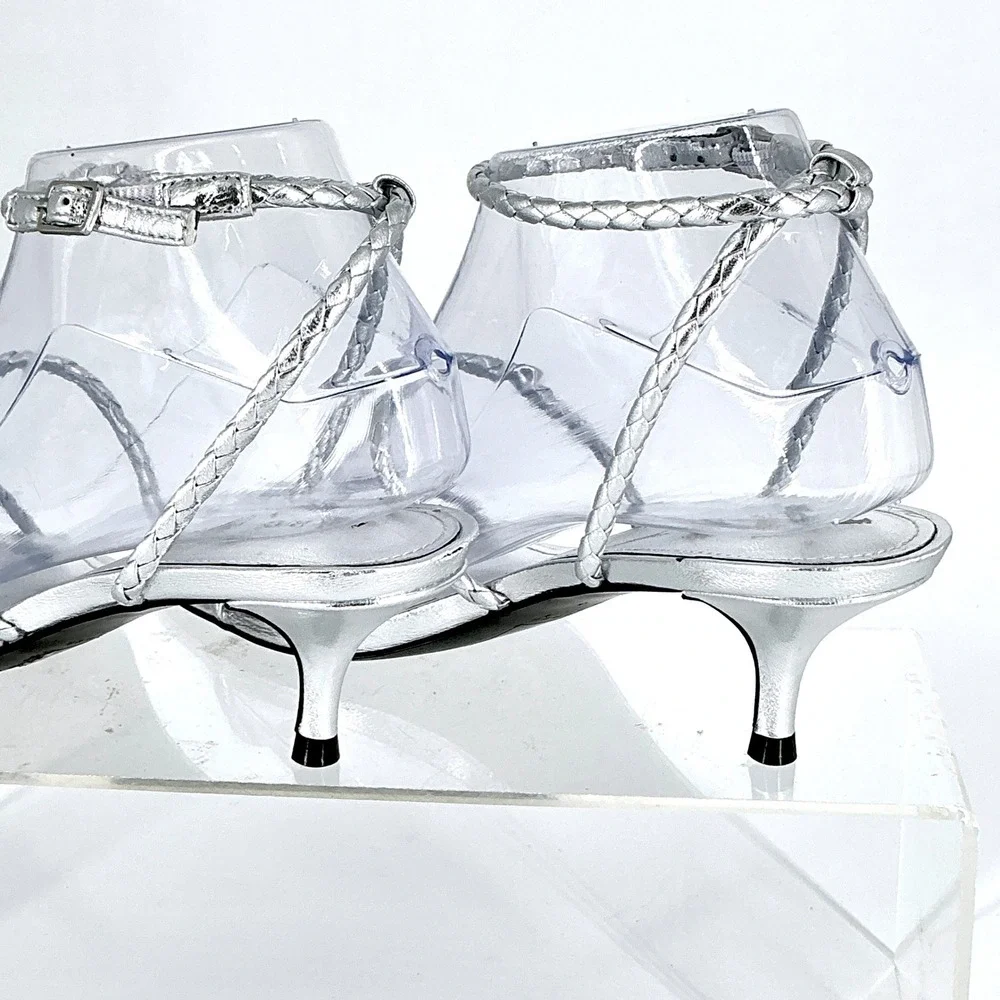 Marc Fisher Size 6 Silver Metallic Braided Kitten Heel Sandals NEW Beylee $70